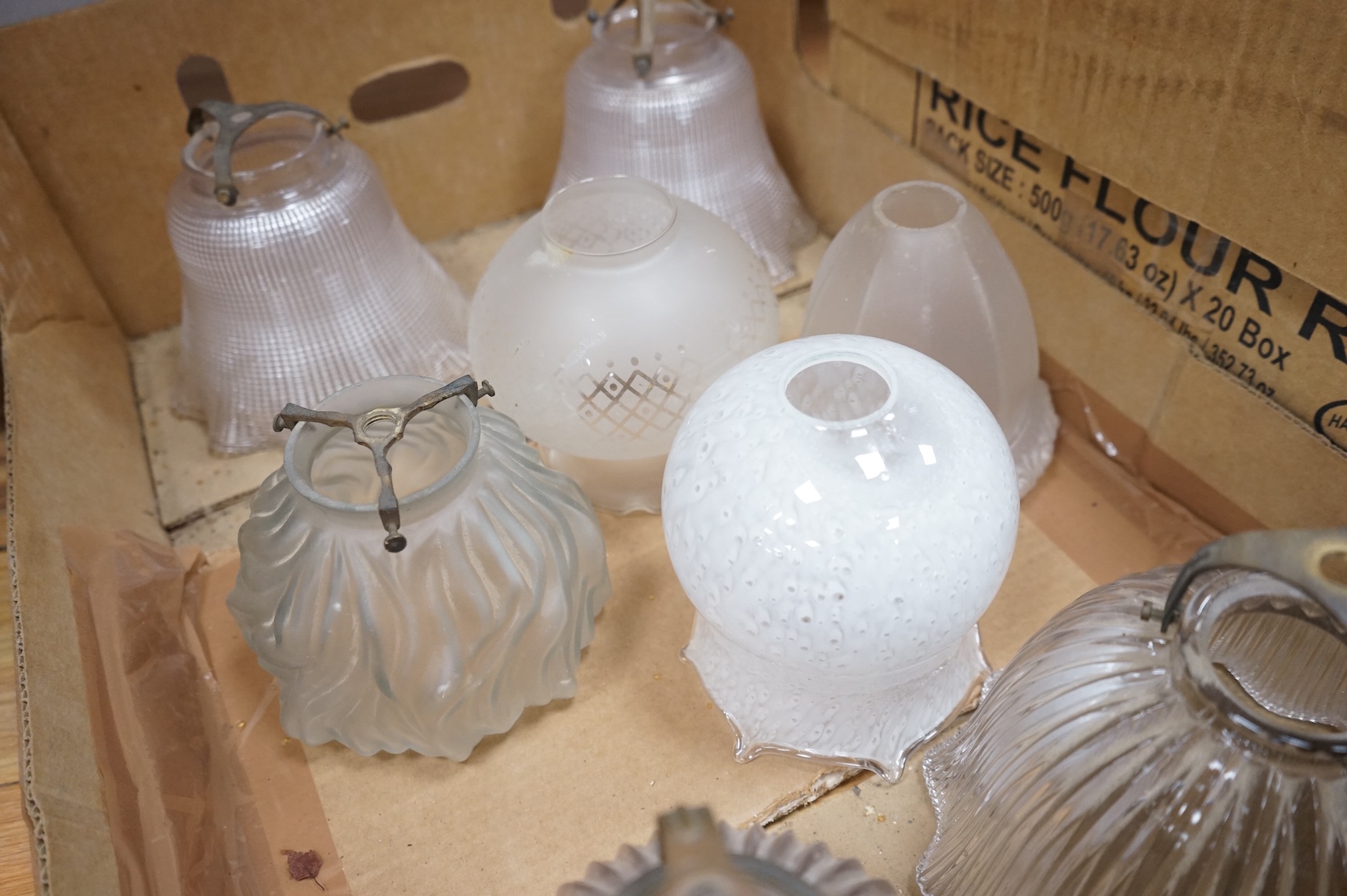 Three pair pairs various glass light shades and four single shades, to include a pair of French Art Deco Brevete S.G.D.G France et aL’Etranger